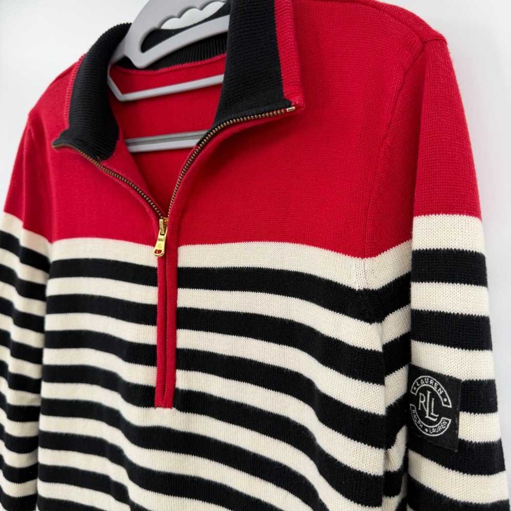 Lauren Ralph Lauren Red Black White Striped Quarter Zip Sweater Crest Patch L